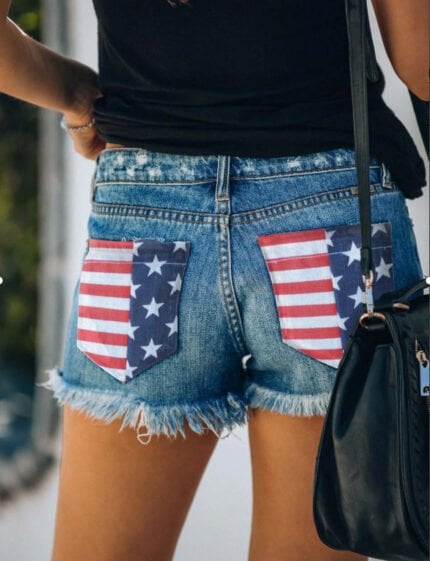 Baseball Pocket Print Denim Shorts