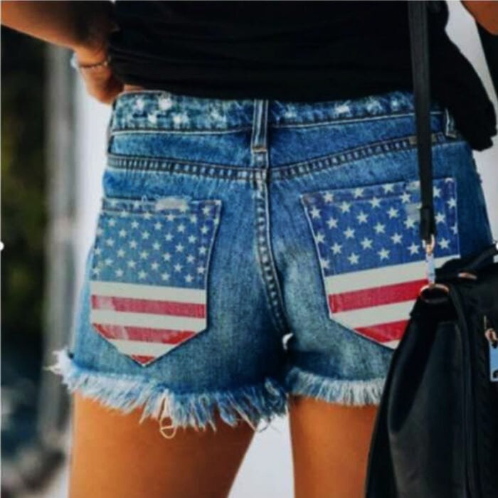 Baseball Pocket Print Denim Shorts