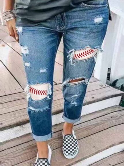 Wholesale Baseball print panel casual jeans