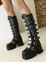 Belt Buckle Rear Zipper High Boots