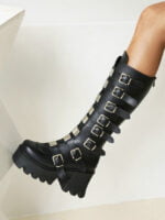 Belt Buckle Rear Zipper High Boots