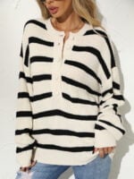 Black And White Striped Button Pullover Knitted Sweater