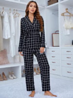 Black Plaid V-Neck Pajama Set