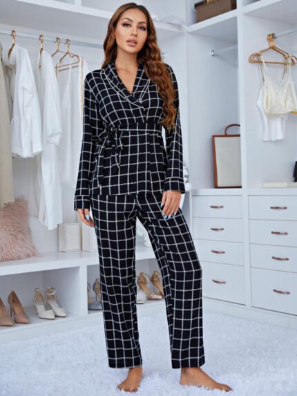 Black Plaid V-Neck Pajama Set