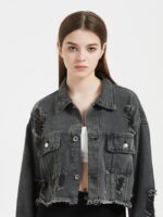 Black Shredded Button Denim Jacket