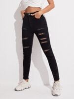 Black Stretch Slim Shredded Pencil Pants