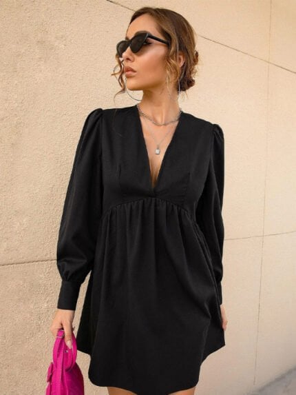 Black V-Neck Puff Sleeve Dress-Wholesale