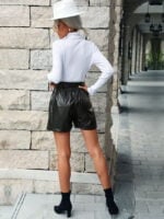 Black elastic waist loose PU shorts