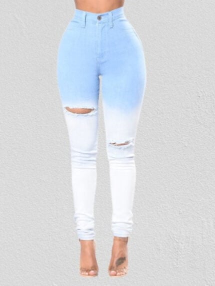 Blue And White Gradient Ripped Denim Jeans