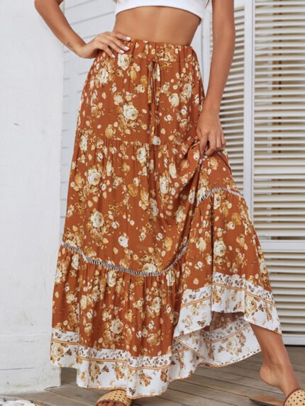 Bohemian Floral Print Cutout Panel Skirt