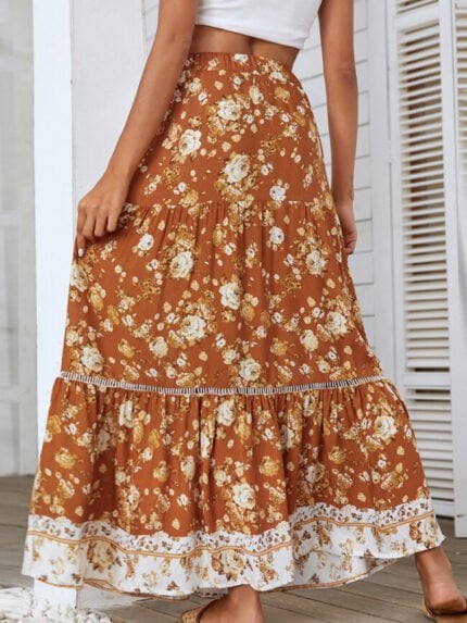 Bohemian Floral Print Cutout Panel Skirt