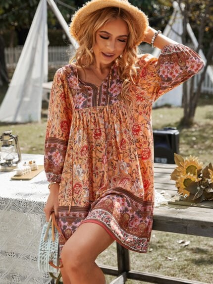 Bohemian Floral Puff Sleeve Dress