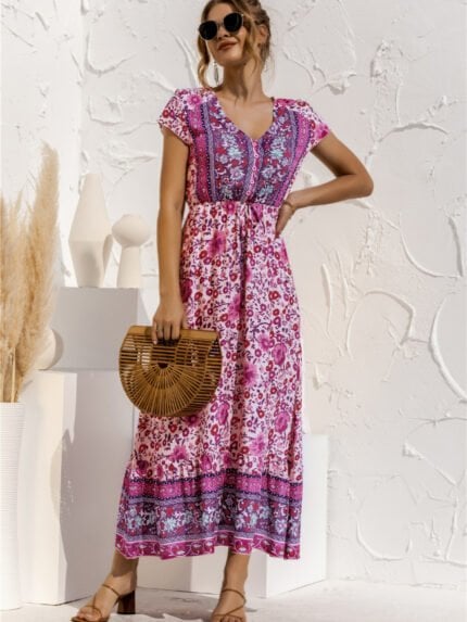 Bohemian Floral Short Sleeve V-Neck Dress