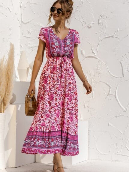 Bohemian Floral Short Sleeve V-Neck Dress