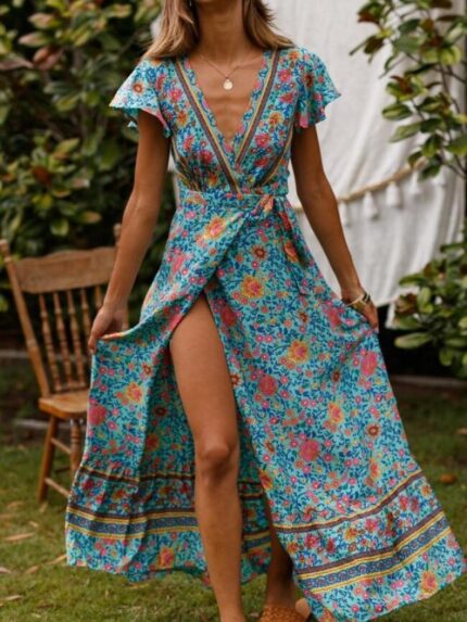 Bohemian V-neck Print Maxi dress-Wholesale