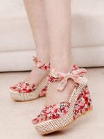 Boho Floral Ribbon Wedge Sandals