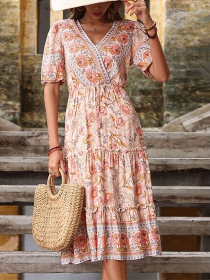 Wholesale Boho Floral V-Neck Ruffle Dress