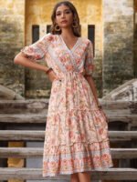 Wholesale Boho Floral V-Neck Ruffle Dress