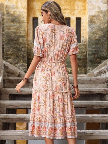 Wholesale Boho Floral V-Neck Ruffle Dress