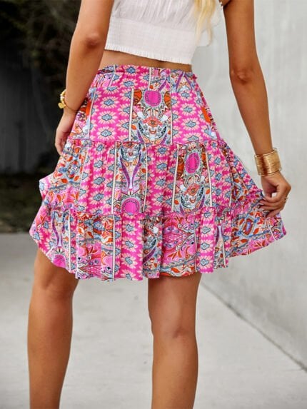 Boho Print Elastic Waist Mini Skirt