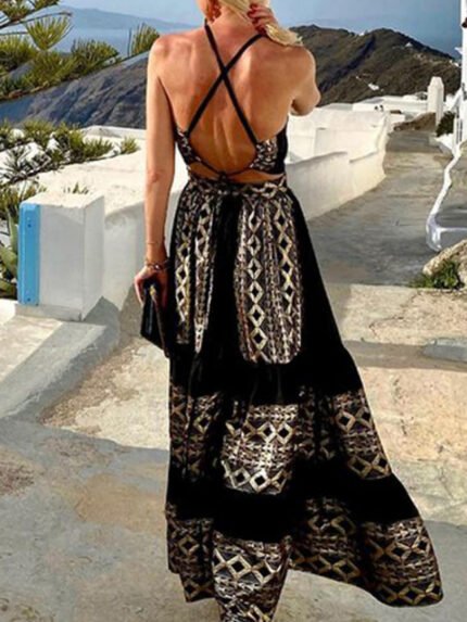 Wholesale Boho print halterneck open-back dress