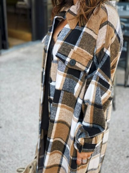 Brown Pocketed Grid Pattern Overcoat