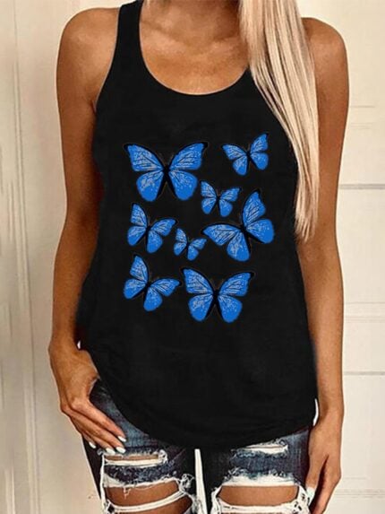 Butterfly Print Crew Neck Tank Top