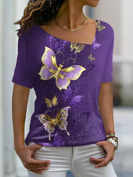 Butterfly Print Diagonal Neck Short Sleeve T-Shirt