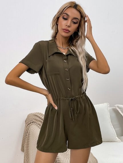 Button Drawstring Lapel Jumpsuit