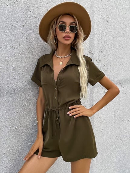 Button Drawstring Lapel Jumpsuit