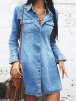 Button Lapel Slim Denim Dress