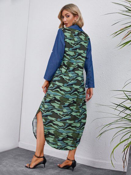 Camouflage Panel Lapel Button Dress