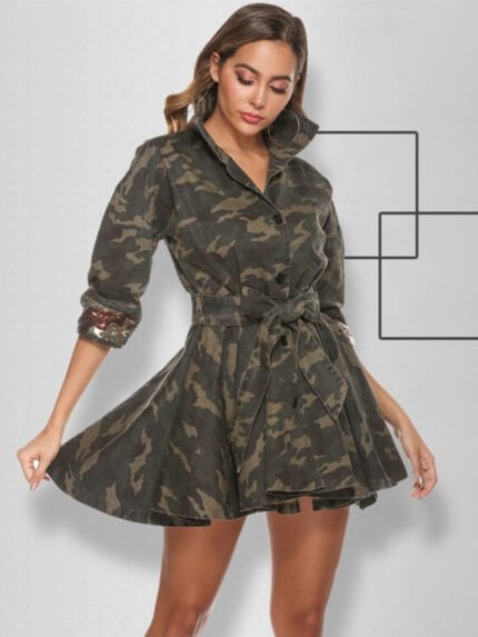 Camouflage sequin stitching lapel dress