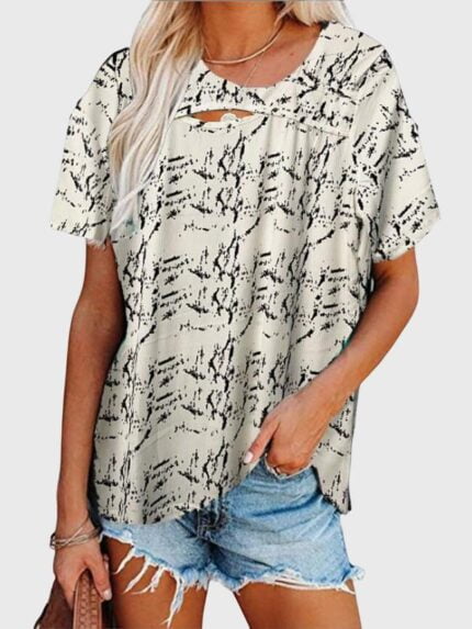 Casual Cutout Print Short Sleeve T-Shirt