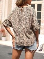 Casual Leopard Print Ruffle Sleeve Blouses