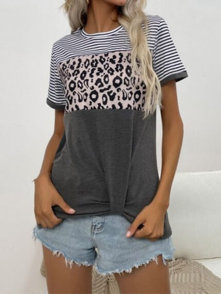 Casual Leopard Stripe Panel T-Shirt