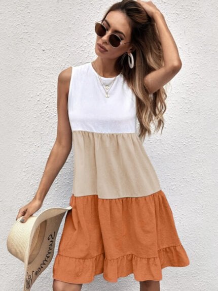 Casual Panel Ruffled Sleeveless Dress