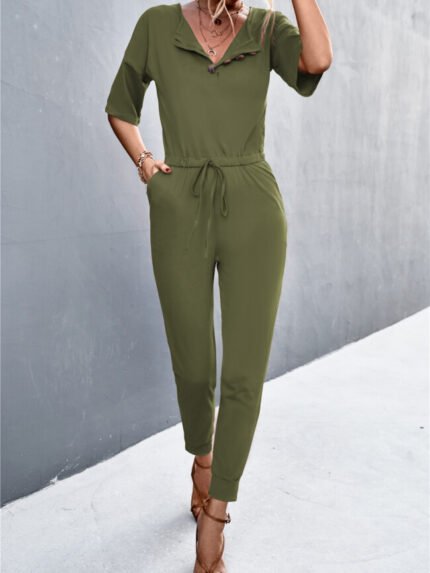 Casual Short Sleeve Button Jumpsuit-Wholesale