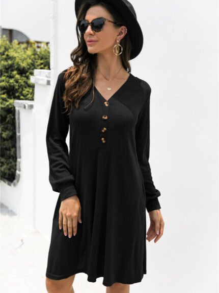 Casual Solid Color Button Dress-Wholesale