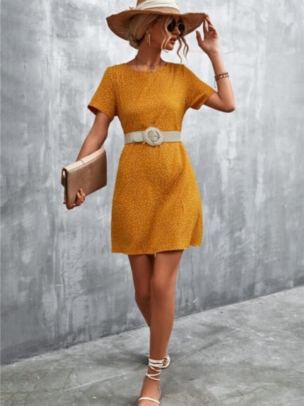 Casual round neck polka dot dress(without Belt)-Wholesale