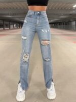 Casual washed ripped straight-leg jeans