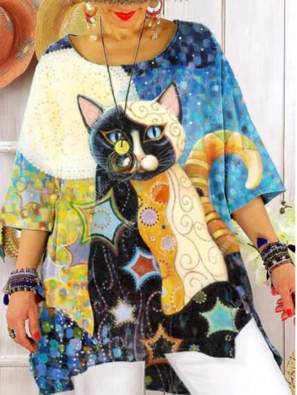 Cat Print Loose Half Sleeve Top