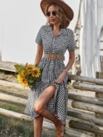 Wholesale Check Lapel Button Short Sleeve Dress