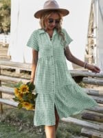 Wholesale Check Lapel Button Short Sleeve Dress