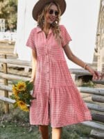 Wholesale Check Lapel Button Short Sleeve Dress