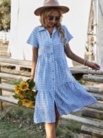 Wholesale Check Lapel Button Short Sleeve Dress