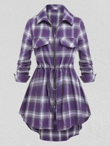 Check Print Zip-Up Shirt Dress