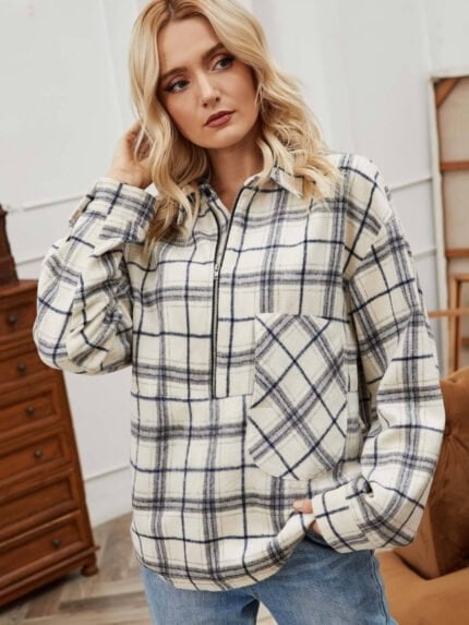 Wholesale Check Zip Lapel Long Sleeve Top