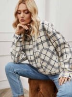 Wholesale Check Zip Lapel Long Sleeve Top