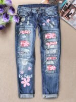 Cherry blossom patch print casual jeans